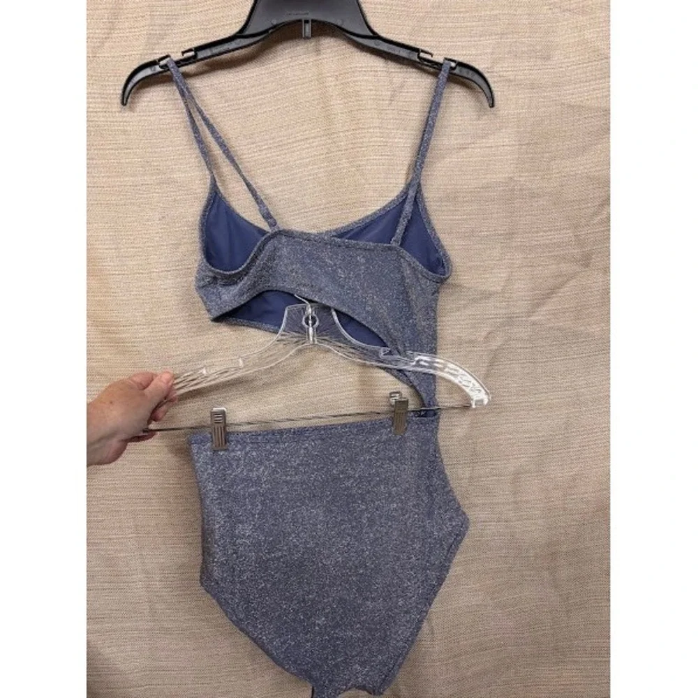 Aerie Womens‎ Metallic Blue Shimmer Side Cutout One Piece Cheeky Swimsuit S Long